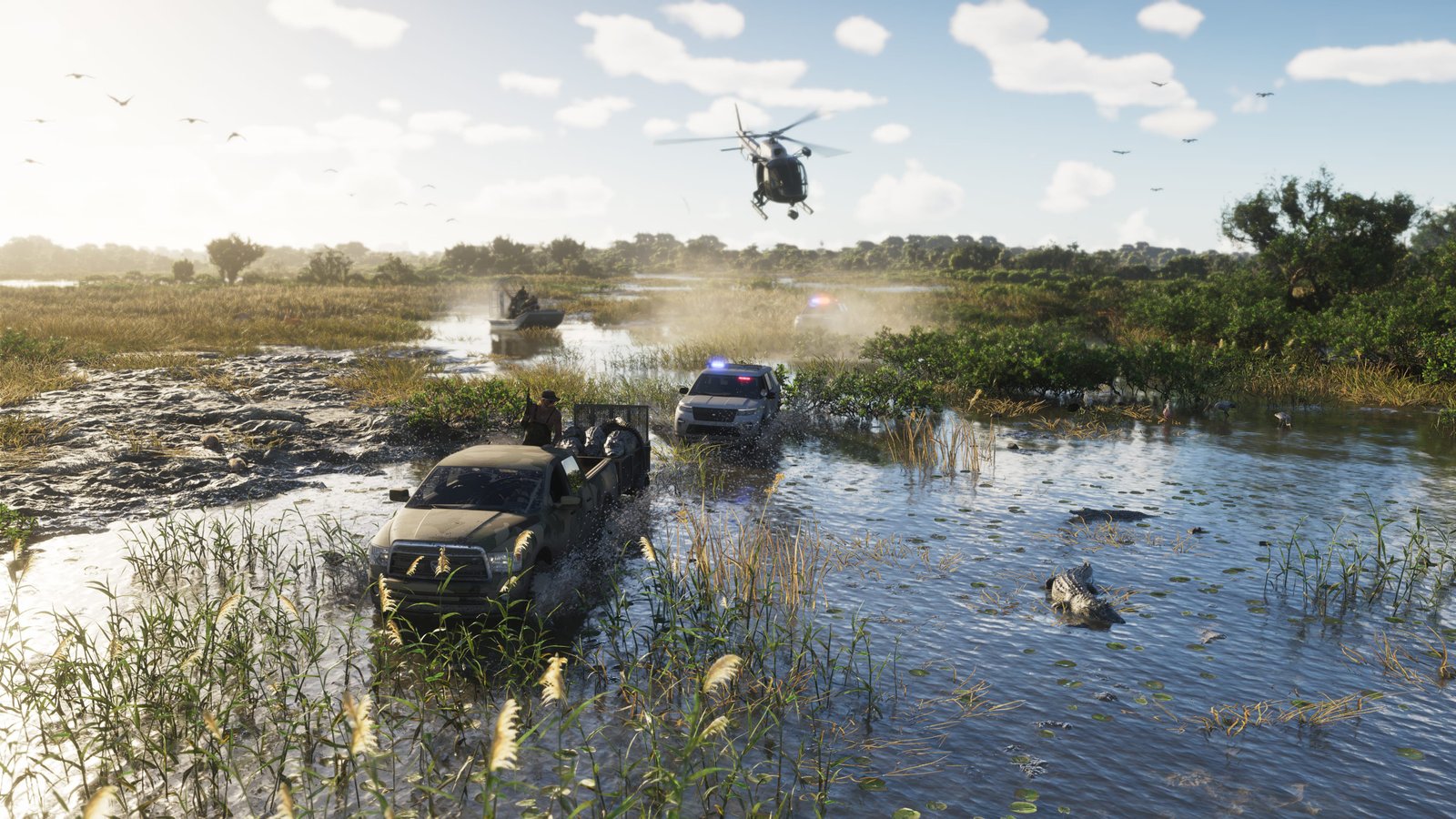 Veículos da polícia atravessando uma área alagada em Grassrivers, com helicóptero sobrevoando e um jacaré na água.
