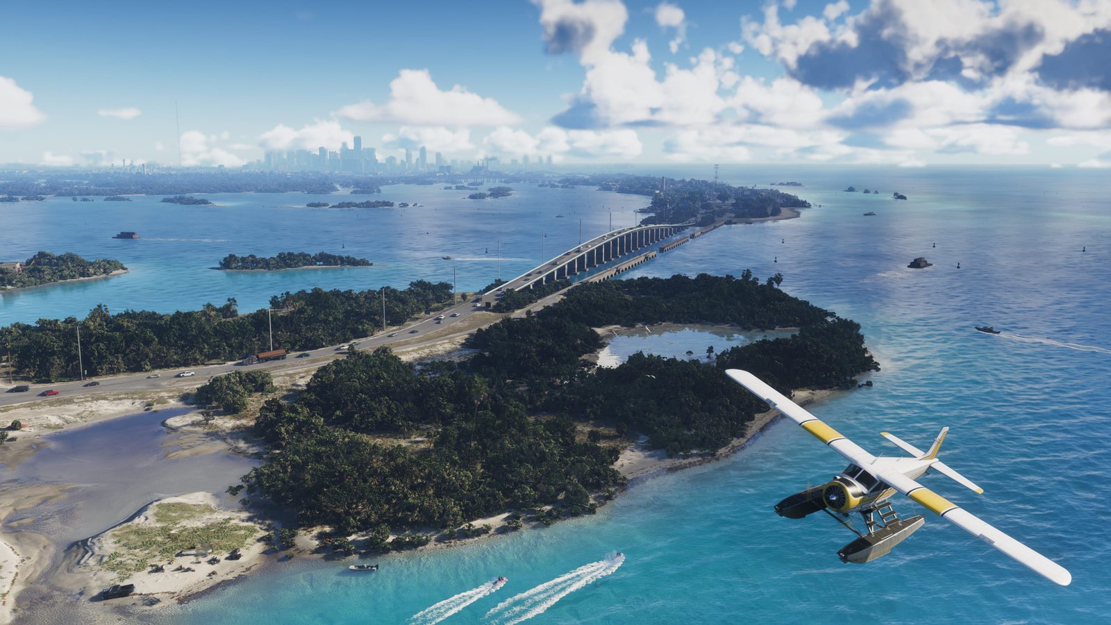 Vista aérea de Leonida Keys com ilhas, ponte longa, mar azul e um hidroavião sobrevoando a região.