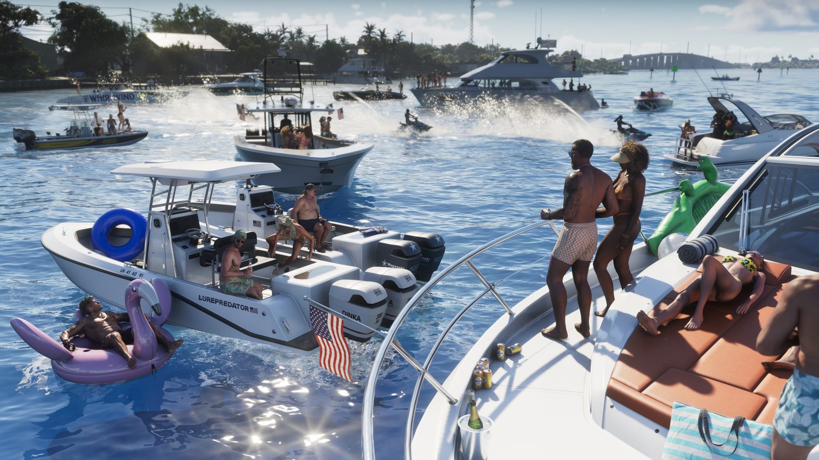 Festa em Leonida Keys com vários barcos, jet skis e pessoas aproveitando o dia ensolarado sobre a água.