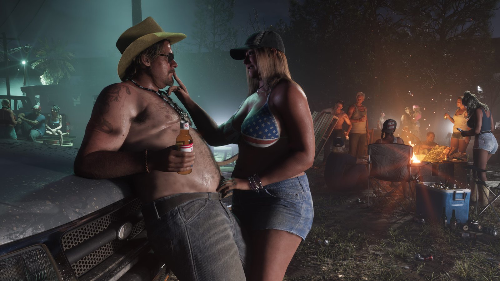 Cena noturna em Port Gellhorn com um homem e uma mulher conversando perto de um carro, enquanto pessoas se reúnem ao redor de uma fogueira.