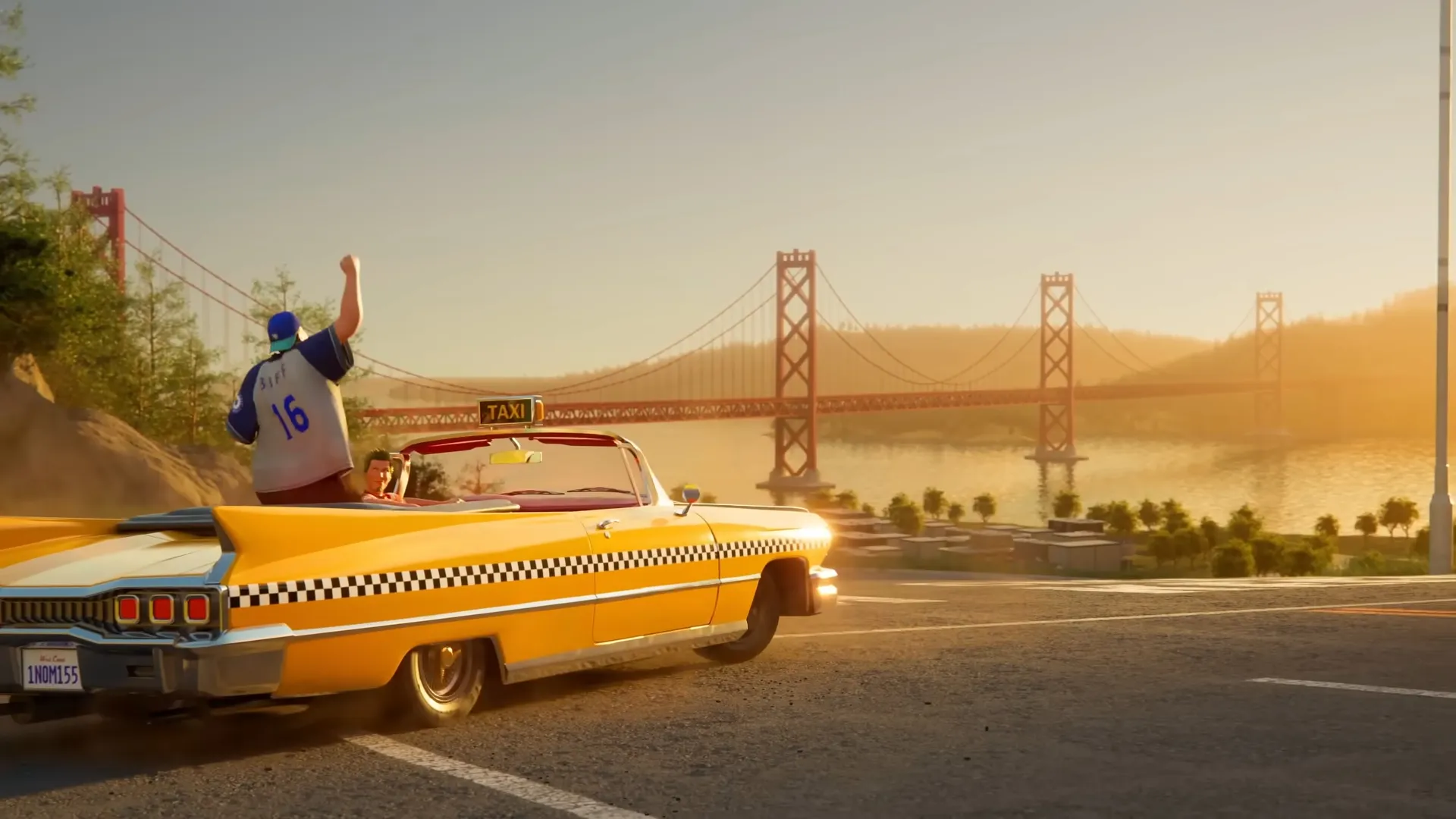 Cena de Crazy Taxi: conversível amarelo usado como táxi estacionado em uma estrada com vista para uma grande ponte suspensa ao pôr do sol.