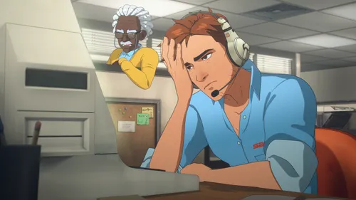Personagem principal do jogo na frente do pc