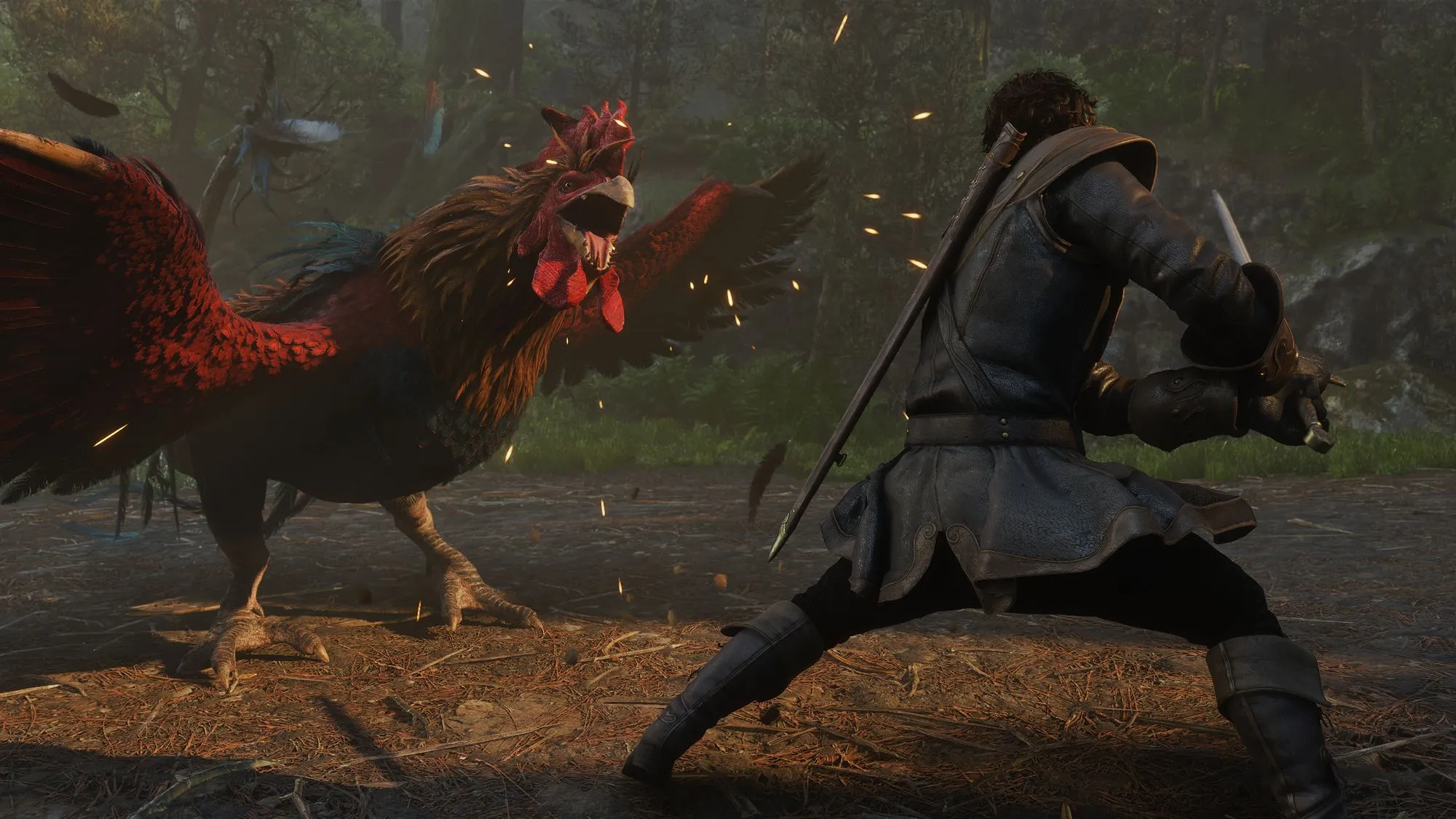 Personagem de fable masculino enfrentando um galo gigante