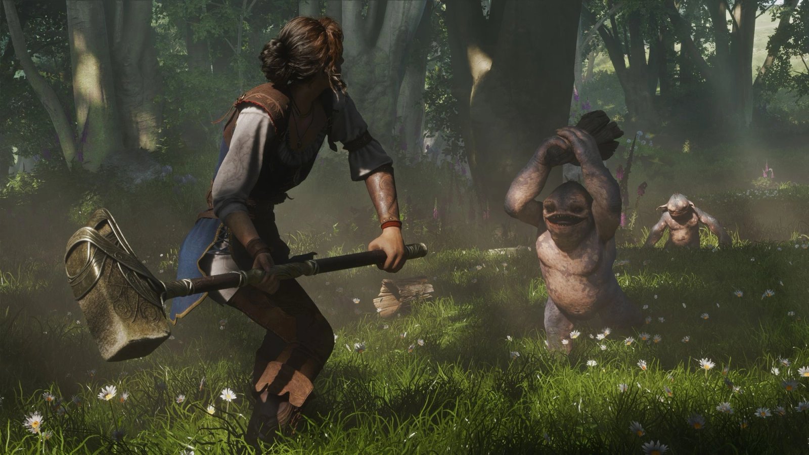 Personagem feminina do jogo fable com uma marreta de pedra enfrentando um goblin