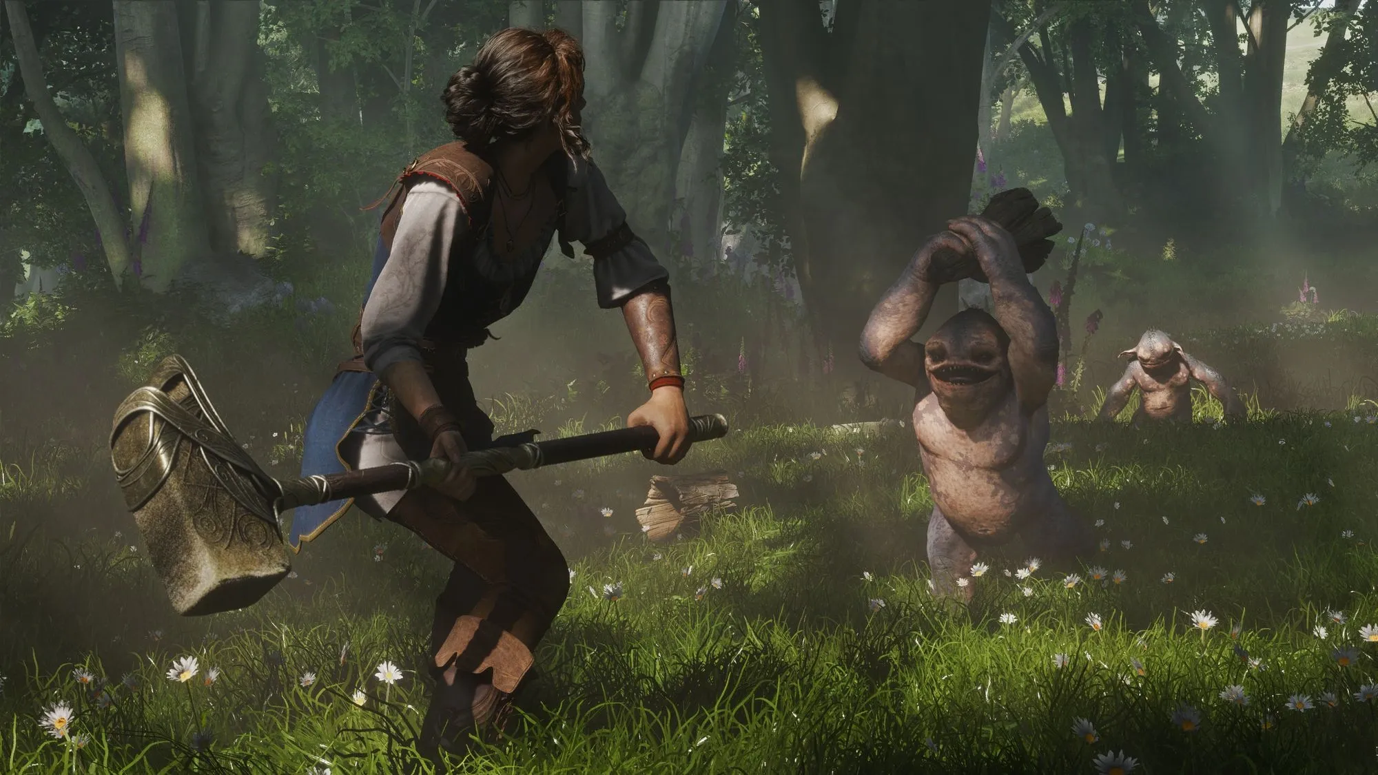 Personagem feminina do jogo fable com uma marreta de pedra enfrentando um goblin