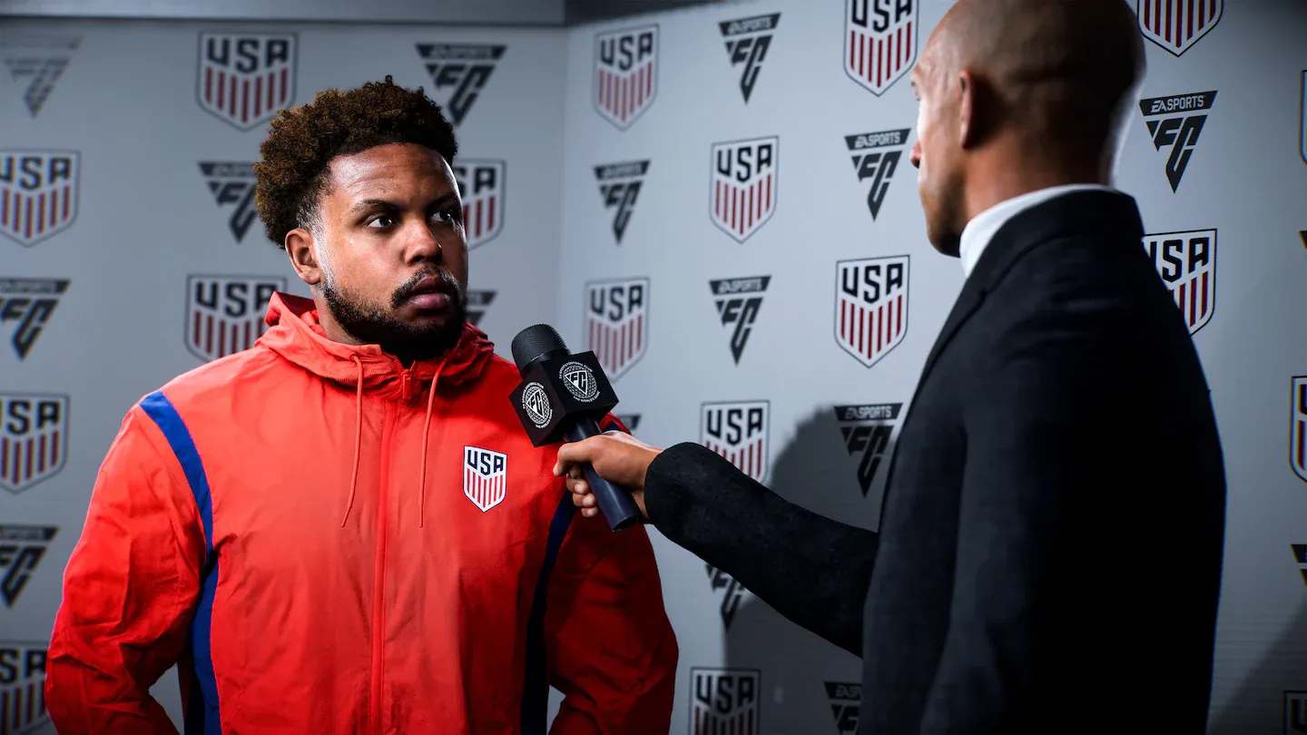 Jogador da seleção dos Estados Unidos concede uma entrevista após uma partida no FC 26