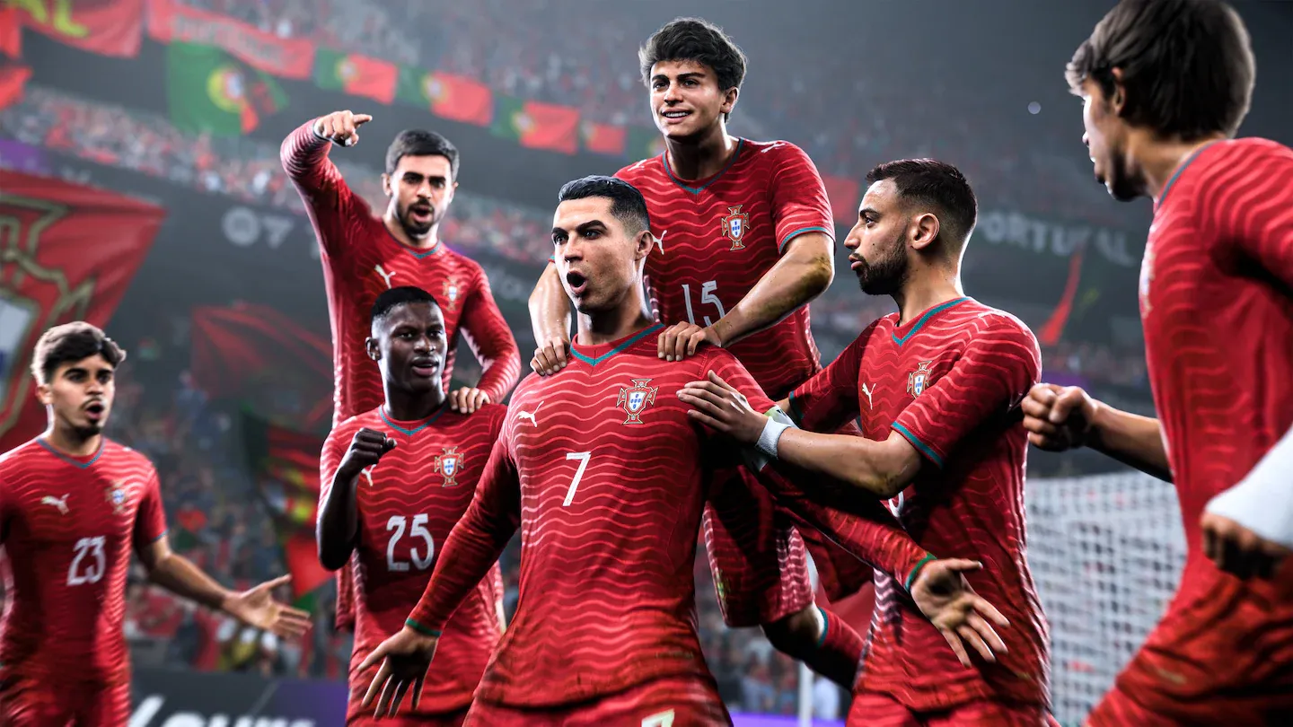 Cristiano Ronaldo comemora um gol cercado por jogadores da seleção portuguesa no FC 26