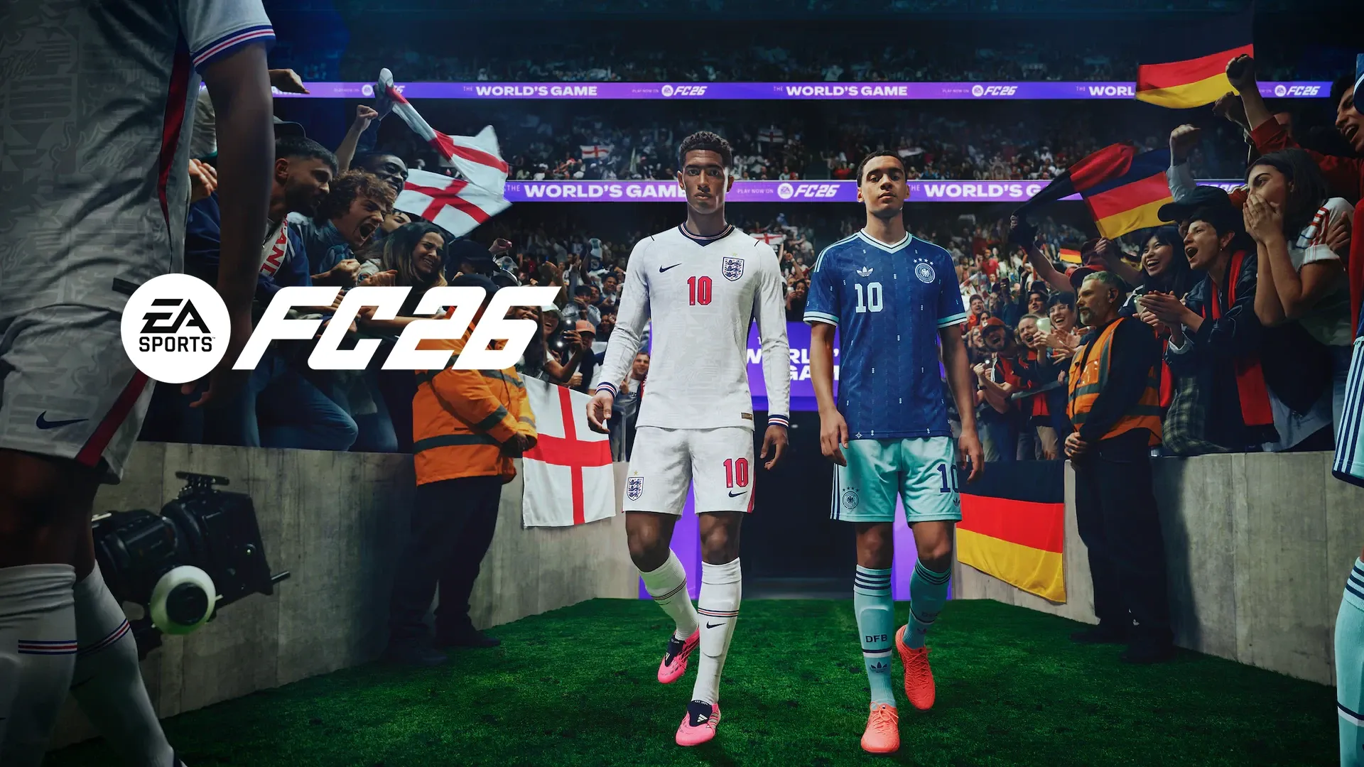 Imagem de capa do jogo FC 26 com dois jogadores entrando em campo