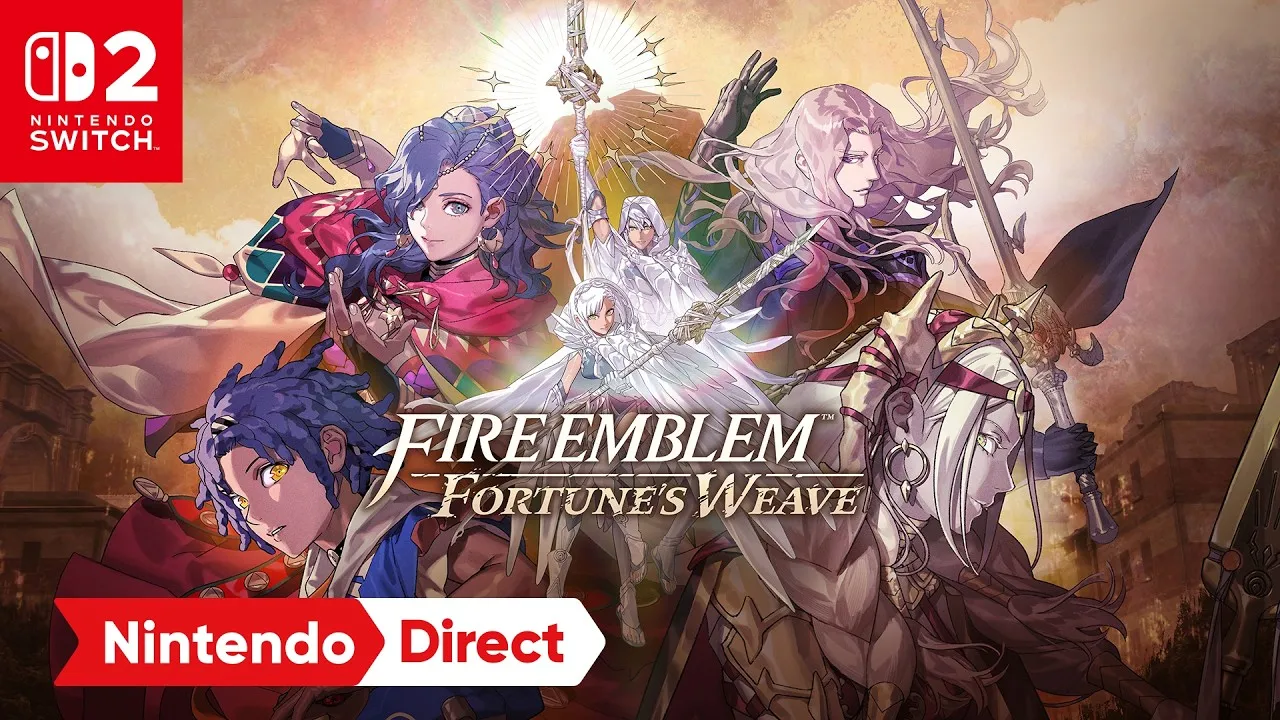 Fire Emblem: Fortune's Weave mostrando os principais personagens da aventura reunidos em uma ilustração de fantasia medieval com armas, magia e tons dourados.