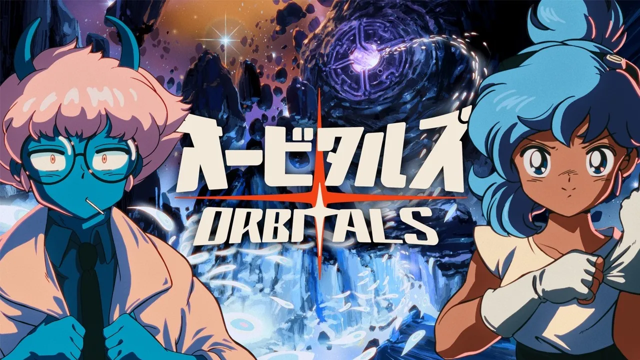 Orbitals destacando dois personagens de visual anime diante de um cenário espacial repleto de asteroides, portais e fenômenos cósmicos coloridos.