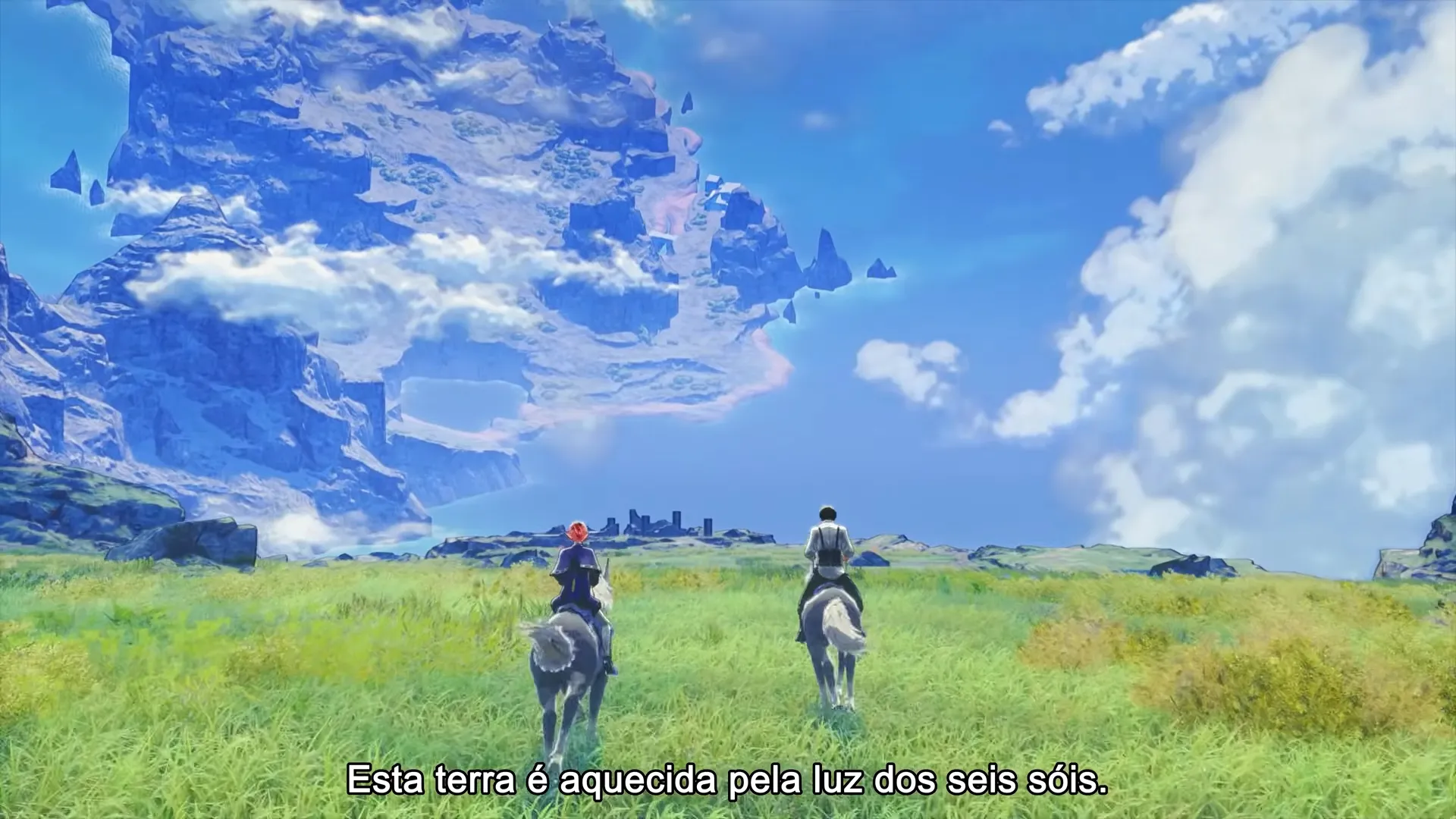 Xenoblade Genesis mostrando dois viajantes montados em criaturas percorrendo uma vasta planície verde com montanhas gigantes e ilhas flutuantes ao fundo.