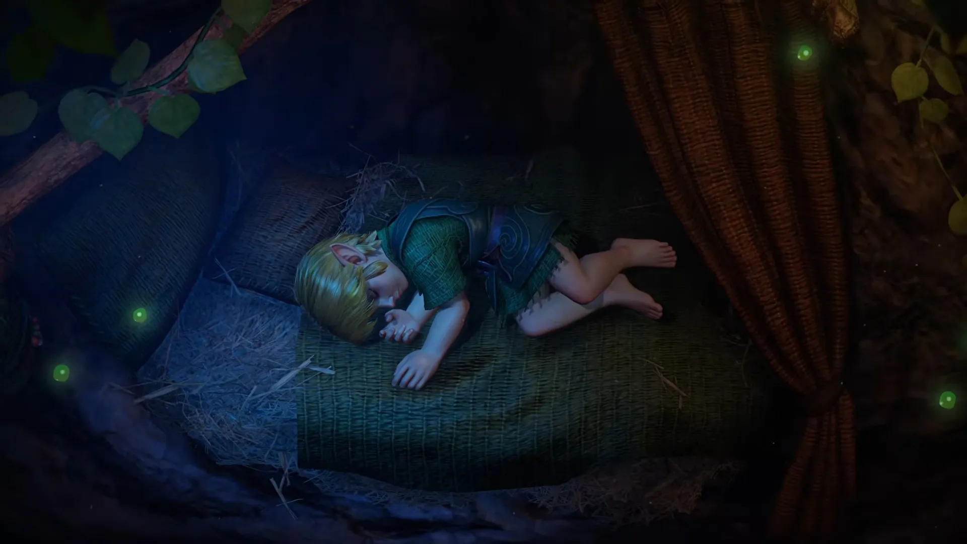 The Legend of Zelda: Ocarina of Time Remake mostrando o jovem Link adormecido em um abrigo iluminado por vagalumes em uma cena serena e detalhada.